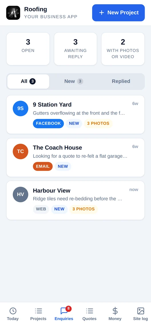 The enquiries screen in the Auto Ascension app