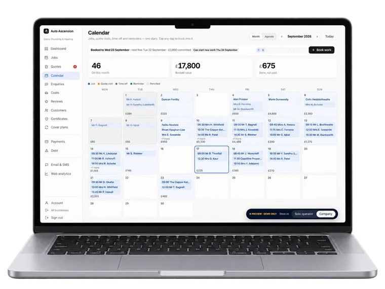 The Auto Ascension business app, showing the jobs calendar for September